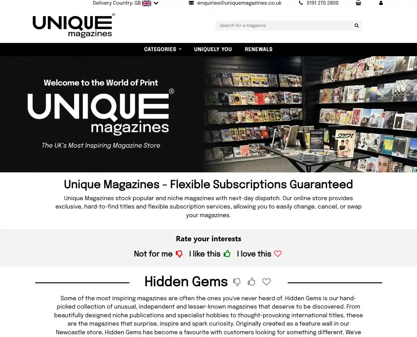 Unique Magazines storefront with category navigation and reaction buttons for personalised recommendations